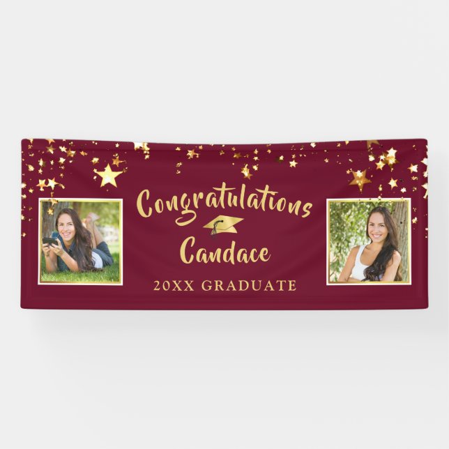 Modernes Brush Script Stars Maroon und Gold Foto Banner (Horizontal)