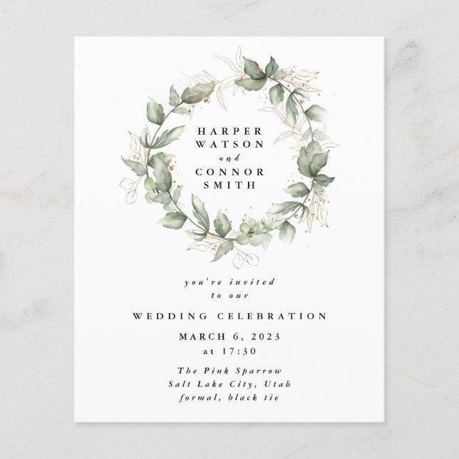 Modernes Budget Gold Eukalyptus Wreath Wedding Flyer (Vorne)
