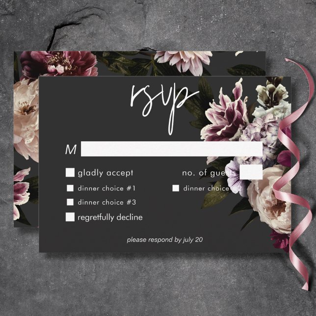 Modernes Burgund Cream Peonies Floral Black Dinner RSVP Karte (Modern Burgundy Cream Peonies Floral Black Dinner RSVP Card)