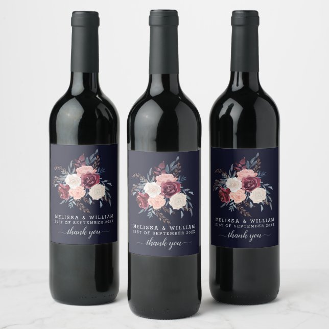 Modernes Burgund Floral Danke Navy Hochzeit Weinetikett (Flaschen)