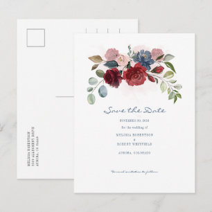 Modernes Burgund floral Save the Date rustikal Ankündigungspostkarte
