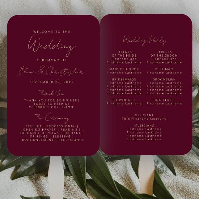 Modernes Burgund Gold Handwriting-Hochzeitsprogram Fächer (Von Creator hochgeladen)