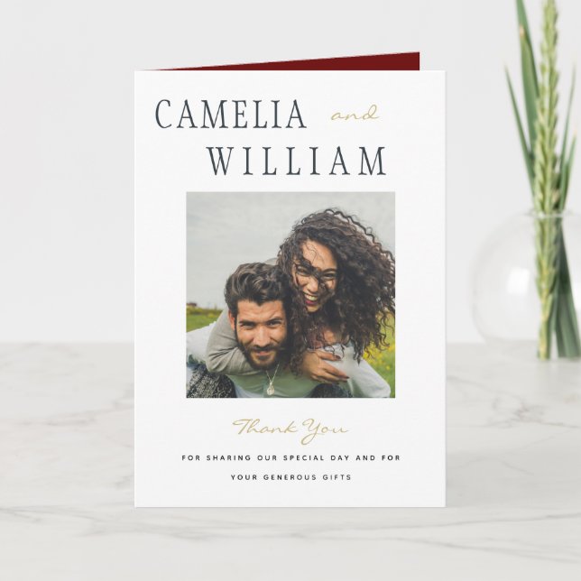 Modernes Burgund Gold Wedding FOTO Vielen Dank Dankeskarte (Vorderseite)