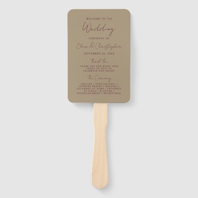 Modernes Burgund Handwriting Gold-Hochzeitsprogram Fächer (Vorderseite)