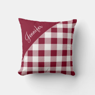 Modernes Burgund Kariert Gingham-Muster Name Kissen