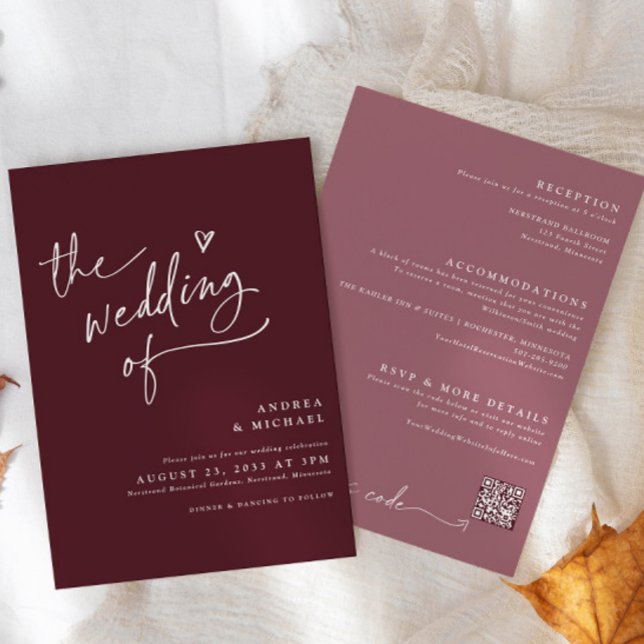 Modernes Burgund/Merlot-Handschrift-Herz-Hochzeit Einladung (Von Creator hochgeladen)
