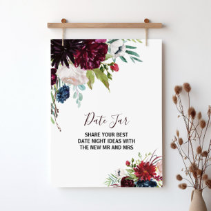Modernes Burgund Navy Blush Floral Date Jar Sign Poster