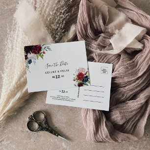 Modernes Burgund Navy Blush Floral Save the Date Postkarte