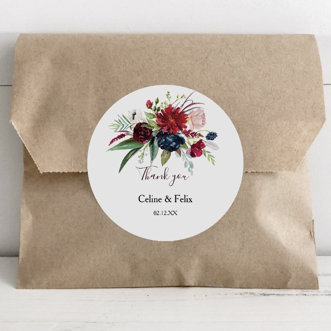 Modernes Burgund Navy Blush Floral Vielen Dank für Runder Aufkleber (Von Creator hochgeladen)