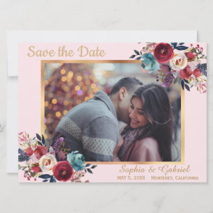 Modernes Burgund-Navy-Floral auf Rosa Save the Dat Save The Date