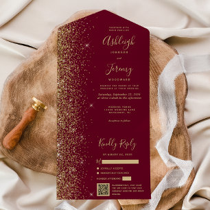 Modernes Burgund Red Gold Glitzer QR Code Wedding All In One Einladung