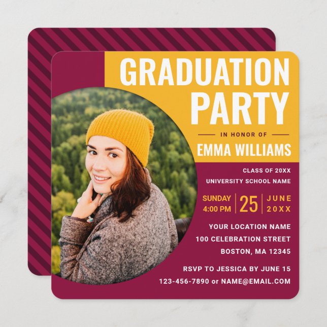 Modernes Burgund-Rot-Gelb | FOTO ABSCHLUSS Einladung (Vorne/Hinten)