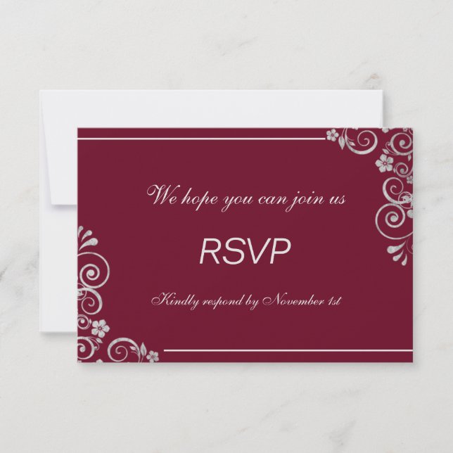 Modernes Burgund Silver Gray Floral Wedding RSVP Karte (Vorderseite)