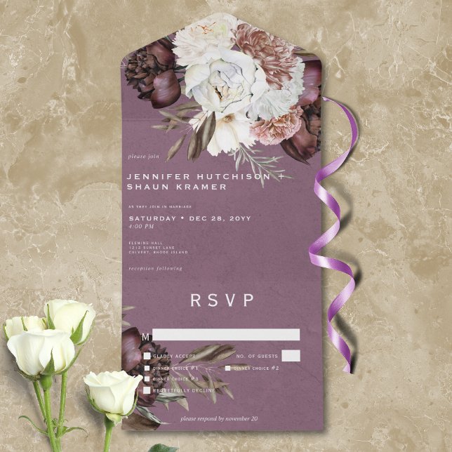Modernes Burgund & White Peonys & Rose Abendessen All In One Einladung (Modern Burgundy & White Peonies & Roses Dinner All In One Invitation)