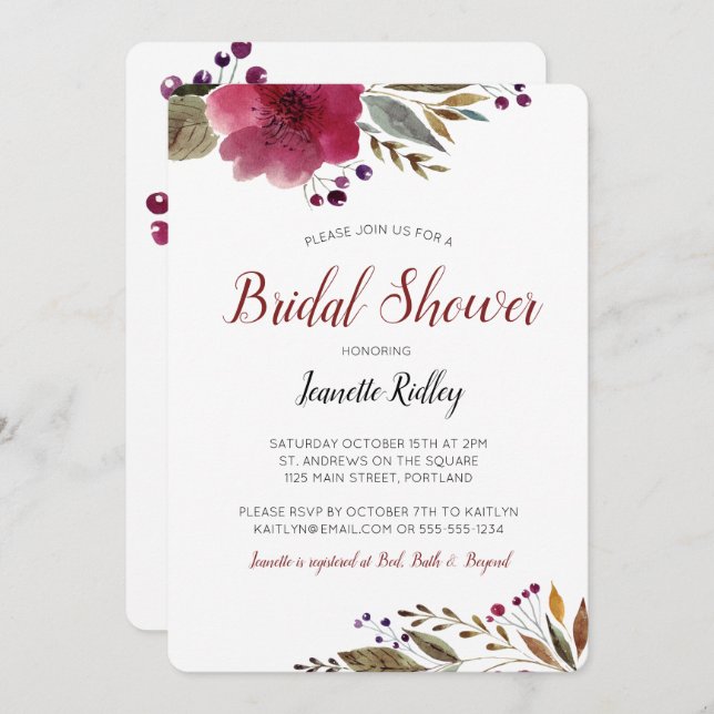 Modernes Burgunder Wasserfarben-Brautparty Einladung (Vorne/Hinten)