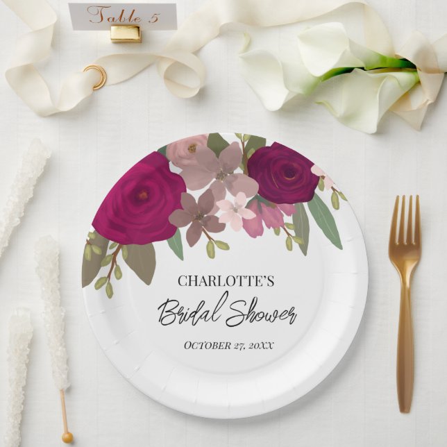 Modernes Burgundy Garden Blume Brautparty Pappteller (Hochzeit)