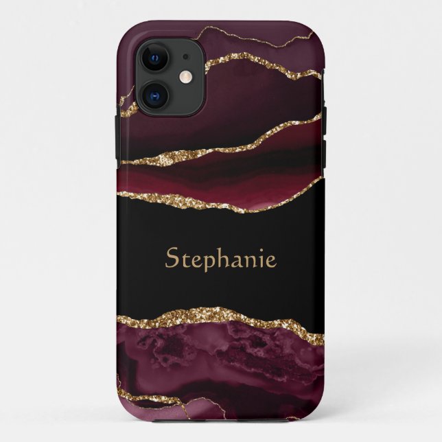 Modernes Burgundy Gold Agate Crystal personalisier Case-Mate iPhone Hülle (Rückseite)