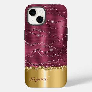 Modernes Burgundy Gold Imitats Glitzer Monogram Ca Case-Mate iPhone 14 Hülle