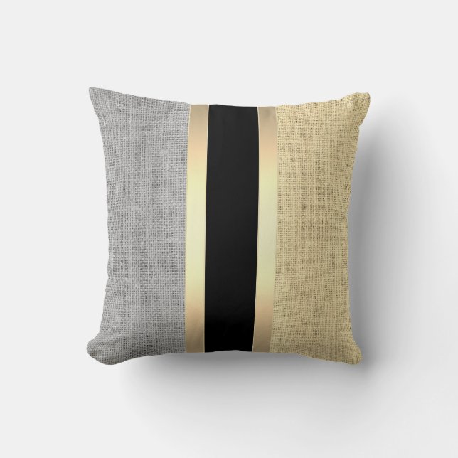 Modernes Burlap Gold gestreift Kissen (Vorderseite)