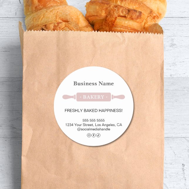 Modernes Button-Bäckereigeschäft Runder Aufkleber (Modern Rolling Pin Bakery Business Classic Round Sticker)