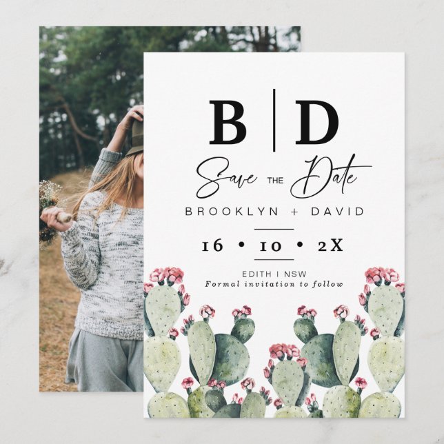 Modernes Cactus Foto Wedding Save the Date Card Einladung (Vorne/Hinten)