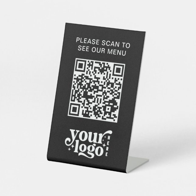 Modernes Café QR Code Black Menu Logo kontaktlos Sockelschild (Vorderseite)