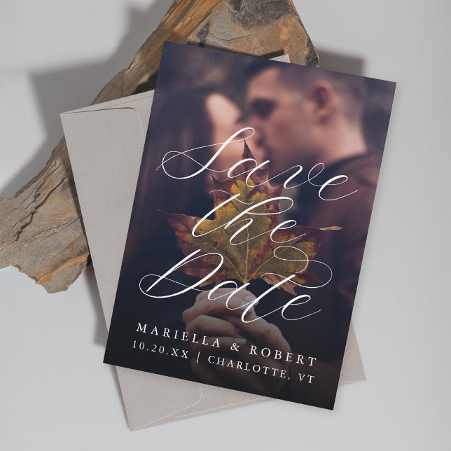 Modernes Calligrafy Fall Foto Save The Date (Von Creator hochgeladen)
