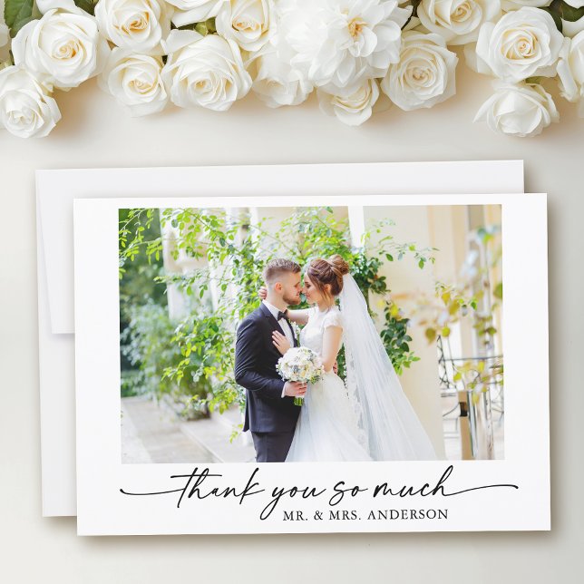 Modernes Calligrafy Ink Pen Script Wedding Foto Dankeskarte (Customize to add text or more photos to back of card.)