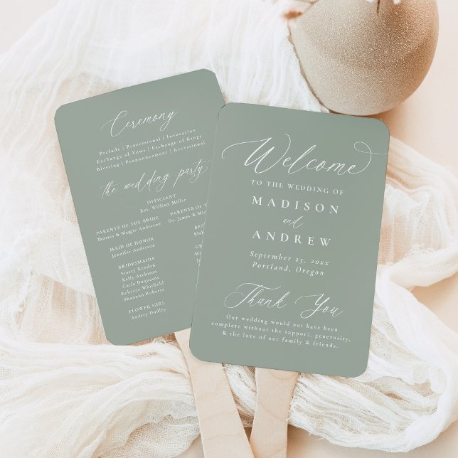 Modernes Calligrafy Sage Green Wedding Programm Fächer (Von Creator hochgeladen)