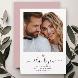 Modernes Calligraphie Rose Gold Heart Wedding Foto Dankeskarte