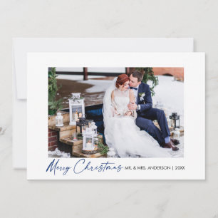 Modernes Calligraphy Blue Ink Script Wedding Foto Feiertagskarte