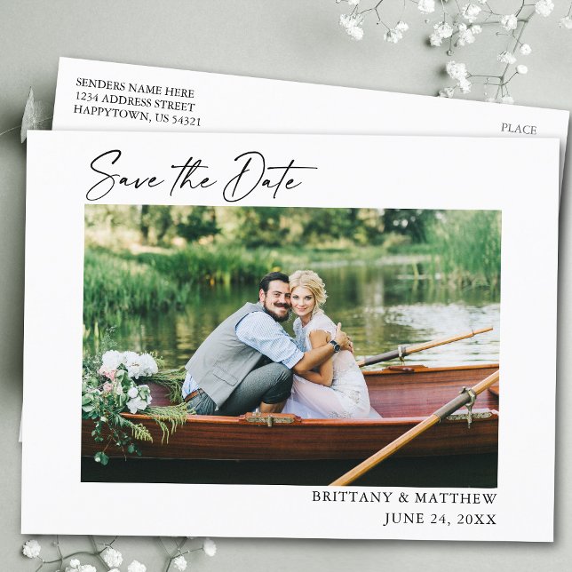 Modernes Calligraphy Ink Pen Foto Save the Date Postkarte (Customize to change your personalized text size or text style.)