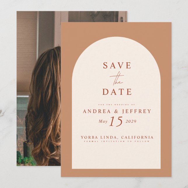 Modernes Caramel Arch Foto Hochzeit rettet das Dat Save The Date (Vorne/Hinten)
