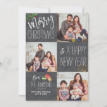 Modernes Chalkboard Custom Foto Weihnachten<br><div class="desc">Das Design umfasst 3 Ihrer beliebtesten Familienurlaub-Fotos. "Frohe Weihnachten und ein glückliches Neues Jahr von"ist in einer modernen Schrift und Schriftart Typografie mit Weihnachtsbällen und Laub Akzenten. Personalisieren Sie es mit Ihren bevorzugten Fotos,  Namen und Nachrichten.</div>