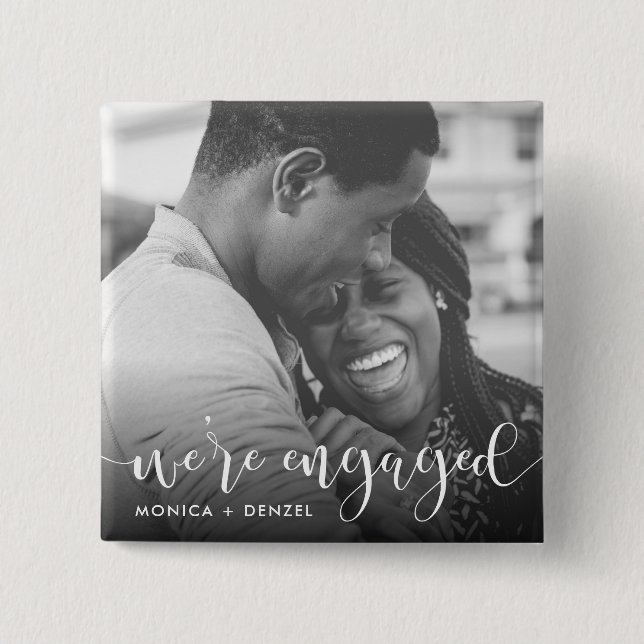 Modernes Chalkboard & Script Engagement Party Foto Button (Vorderseite)