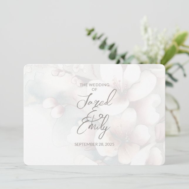 Modernes Cherry Blossom Hochzeitsempfehlung QR-Cod Einladung (Stehend Vorderseite)