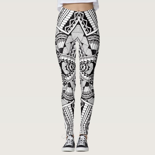 Modernes Chic Black and White Tribal Tattoo Muster Leggings (Vorderseite)