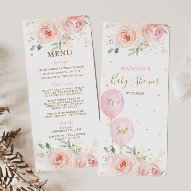 Modernes Chic Blush Floral Balloons Baby Showmenü Programm (Von Creator hochgeladen)
