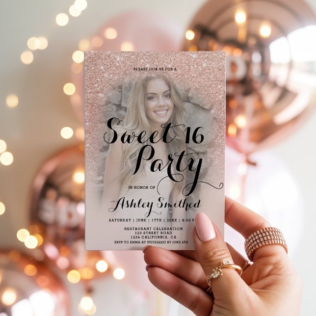 Modernes Chic Blush Rose Gold Glitzer Foto Sweet 1 Einladung (Modern Chic Blush rose gold glitter photo Sweet 16 Invitation)