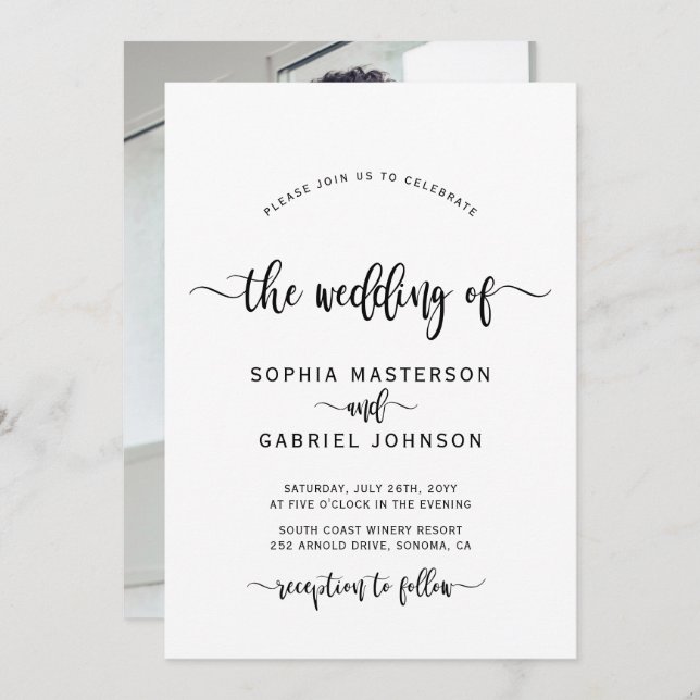 Modernes Chic Calligraphy Script Foto Hochzeit Einladung (Vorne/Hinten)