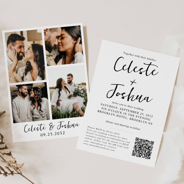 Modernes Chic Elegant 4 Foto QR Code Hochzeit Einladung (Von Creator hochgeladen)