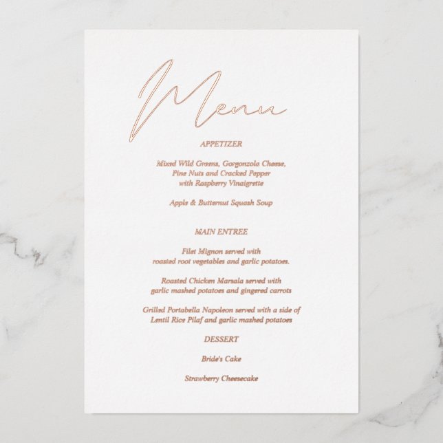 Modernes Chic Foil & White Menu Folieneinladung (Vorderseite)