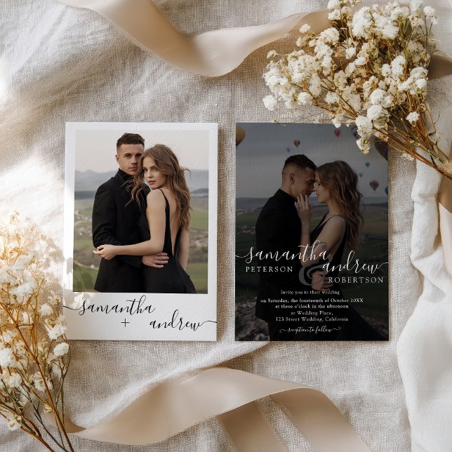 Modernes Chic Schwarz-weiß 2 Foto Minimalistisch H Einladung (Modern Chic Black White 2 Photo Minimalist Wedding Invitation)