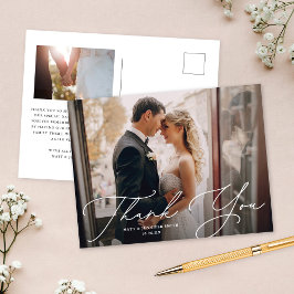 Modernes Chic Script Zwei Foto Hochzeit Vielen Dan Postkarte