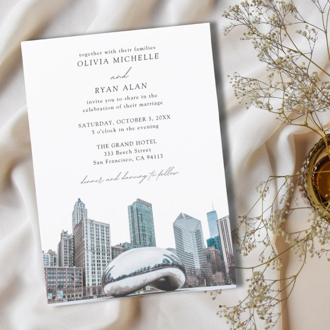 Modernes Chicago Wedding Skyline Black & White Einladung (Modern Chicago Wedding Skyline Black & White Invitation
)