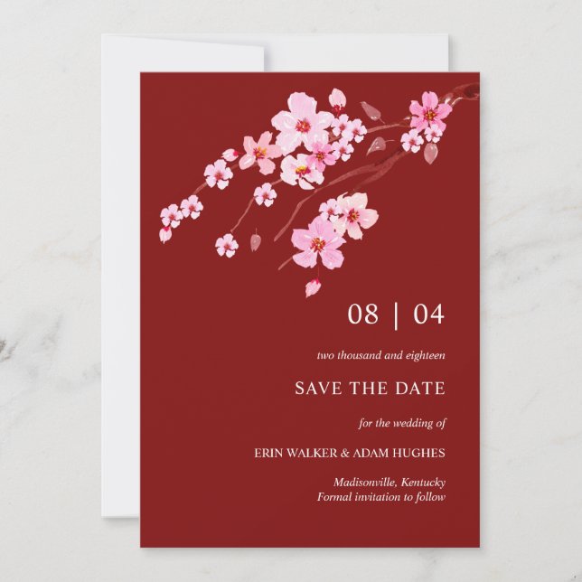Modernes Chinesisches Wasserfarbkreuz Blossom Save The Date (Vorderseite)