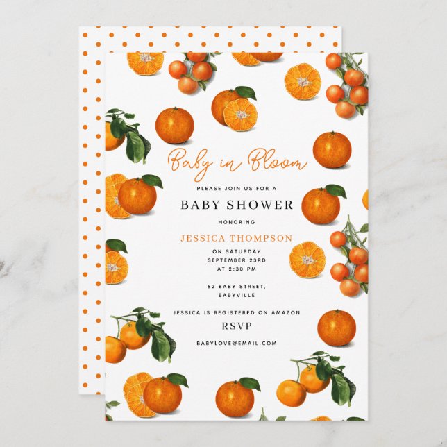 Modernes Citrus Orange Baby in Bloom Baby Dusche Einladung (Vorne/Hinten)