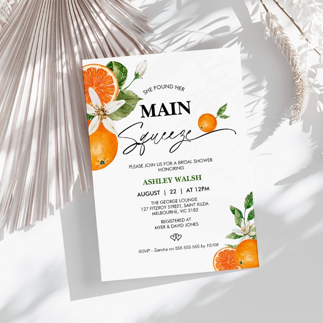 Modernes Citrus Orange Main Squeeze Brautparty Einladung (Oranges She Found Her Main Squeeze Bridals Shower Invitation, Citrus Bridal Shower Invitation,)