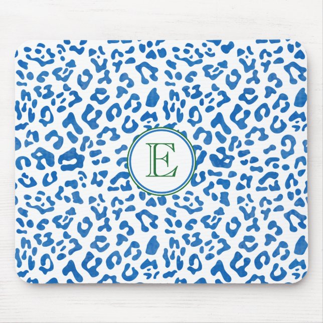 Modernes Classic Ladys Blue Leopard Print Monogram Mousepad (Vorne)