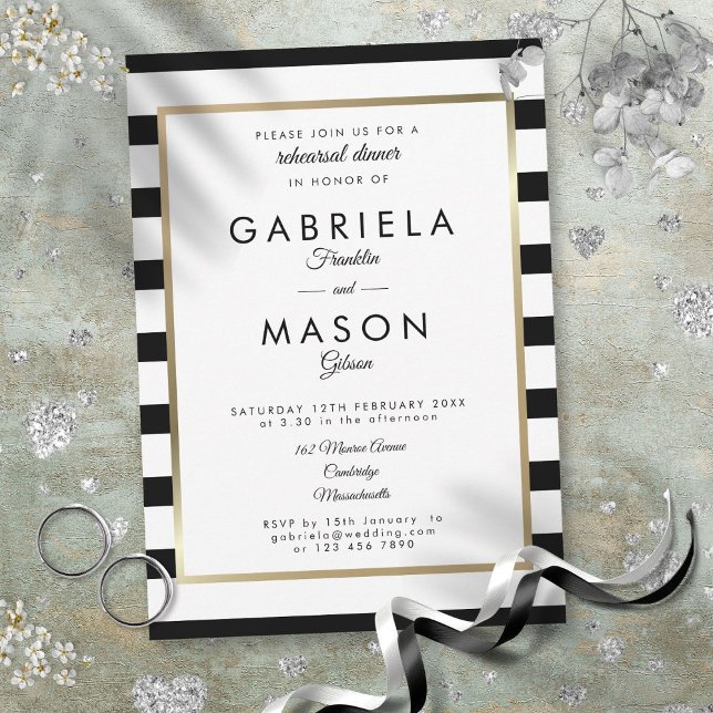 Modernes Classic Stripe Gold Border Probe Dinner Einladung (Modern Classic Stripe Gold Border Rehearsal Dinner Invitation)